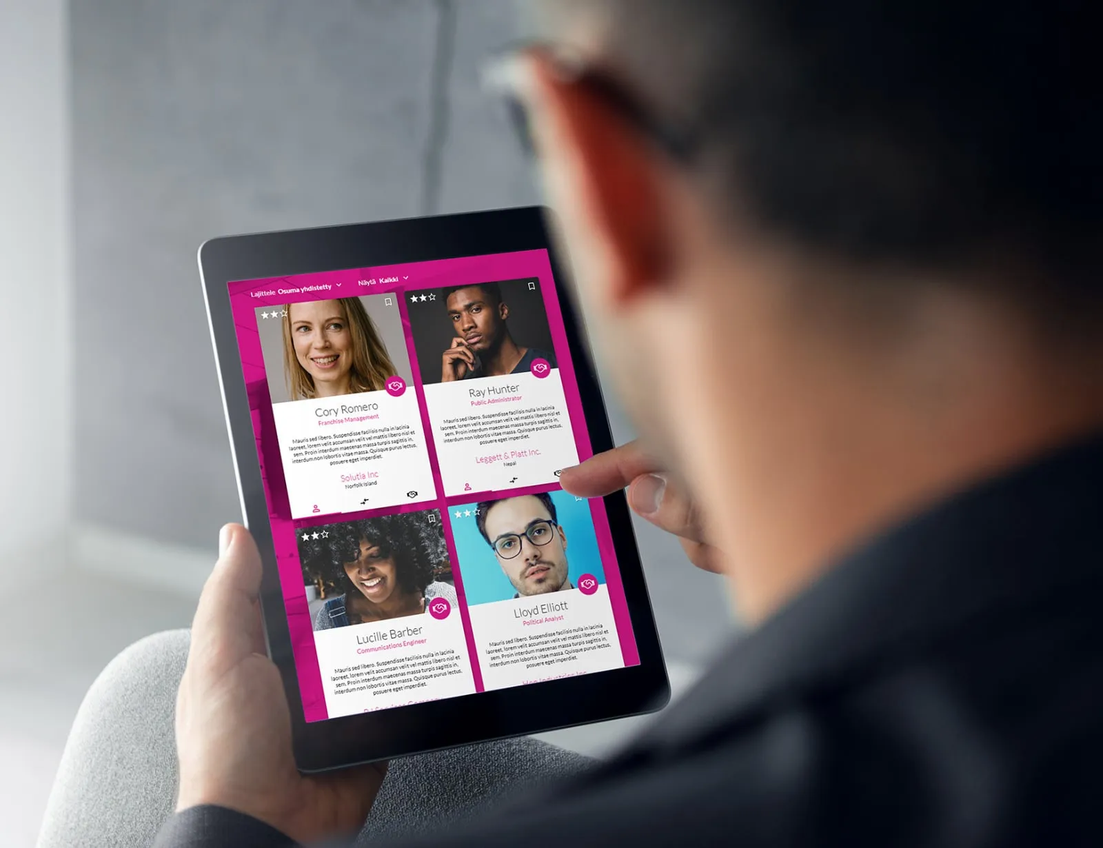 A tablet showing four member profiles suggested by Tavata’s matchmaking