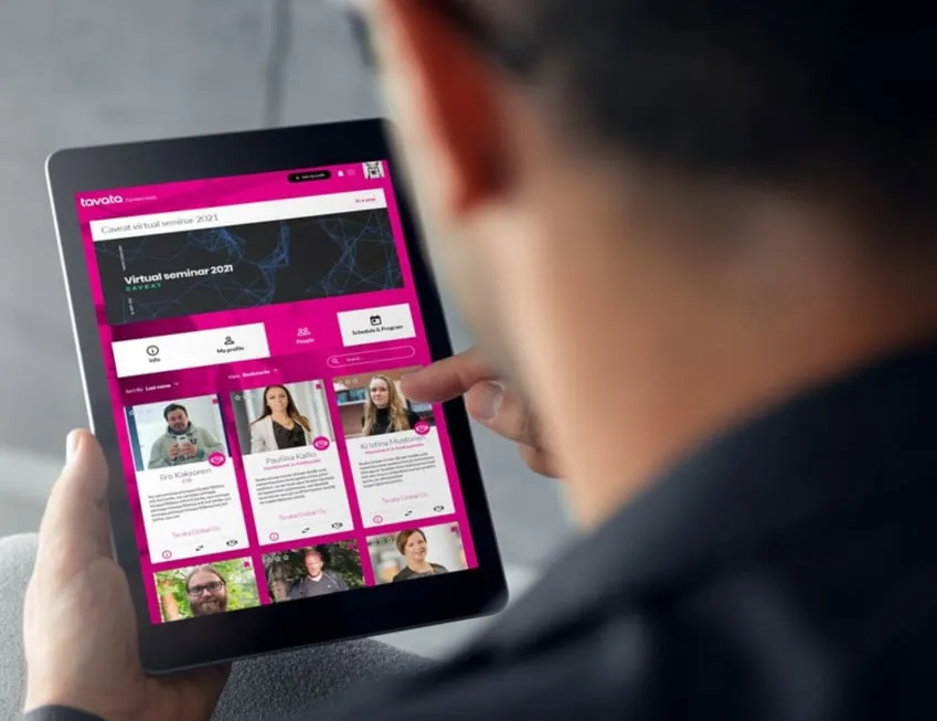 A tablet showing a Tavata virtual seminar page with its program tabs and attendee cards