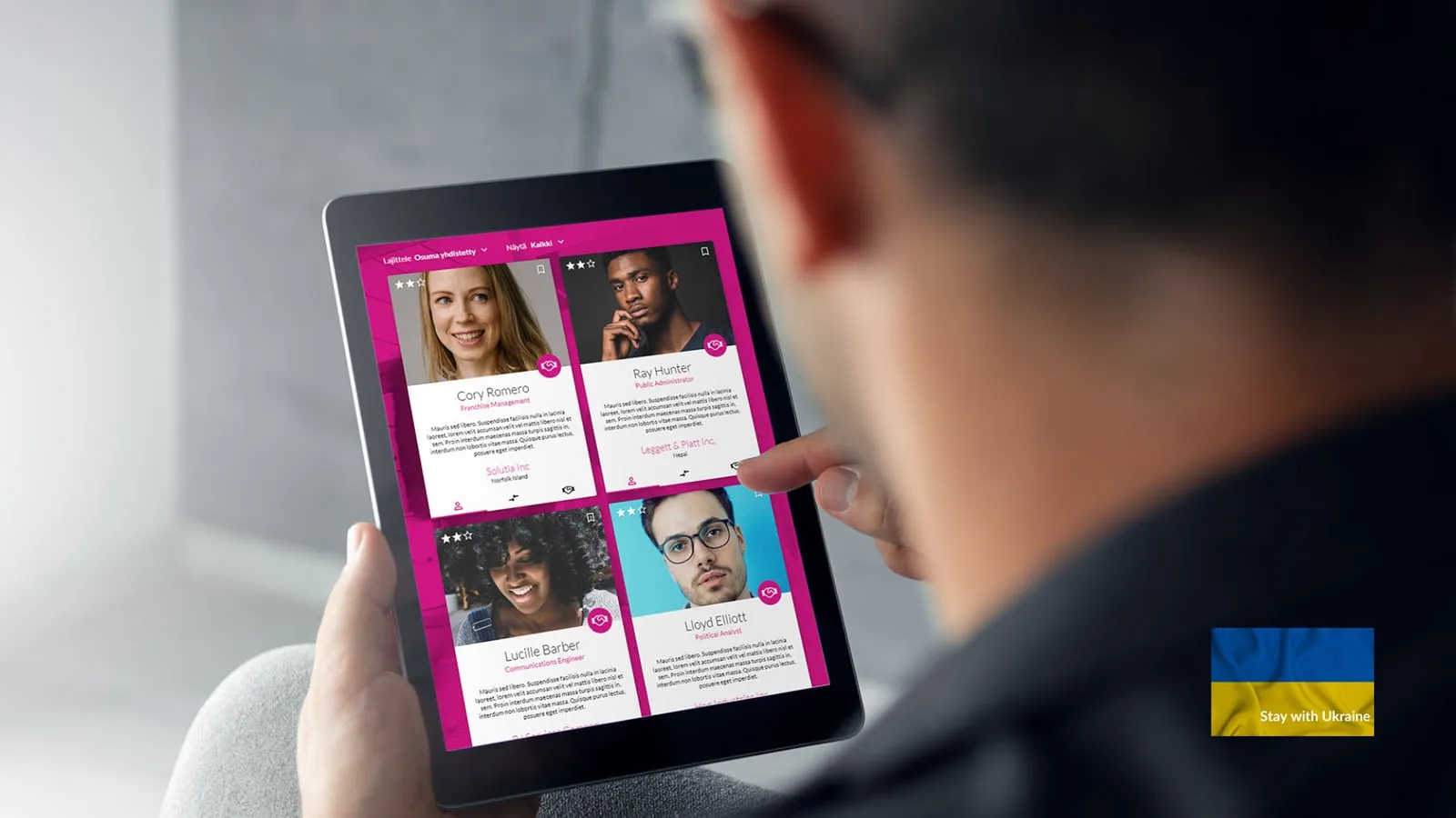 A tablet showing employer and jobseeker profiles suggested by Tavata’s matchmaking